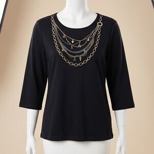 Quacker Factory 1X Womens Black Knit Top 3/4 Sleeve Embellished Charm Chain NWOT